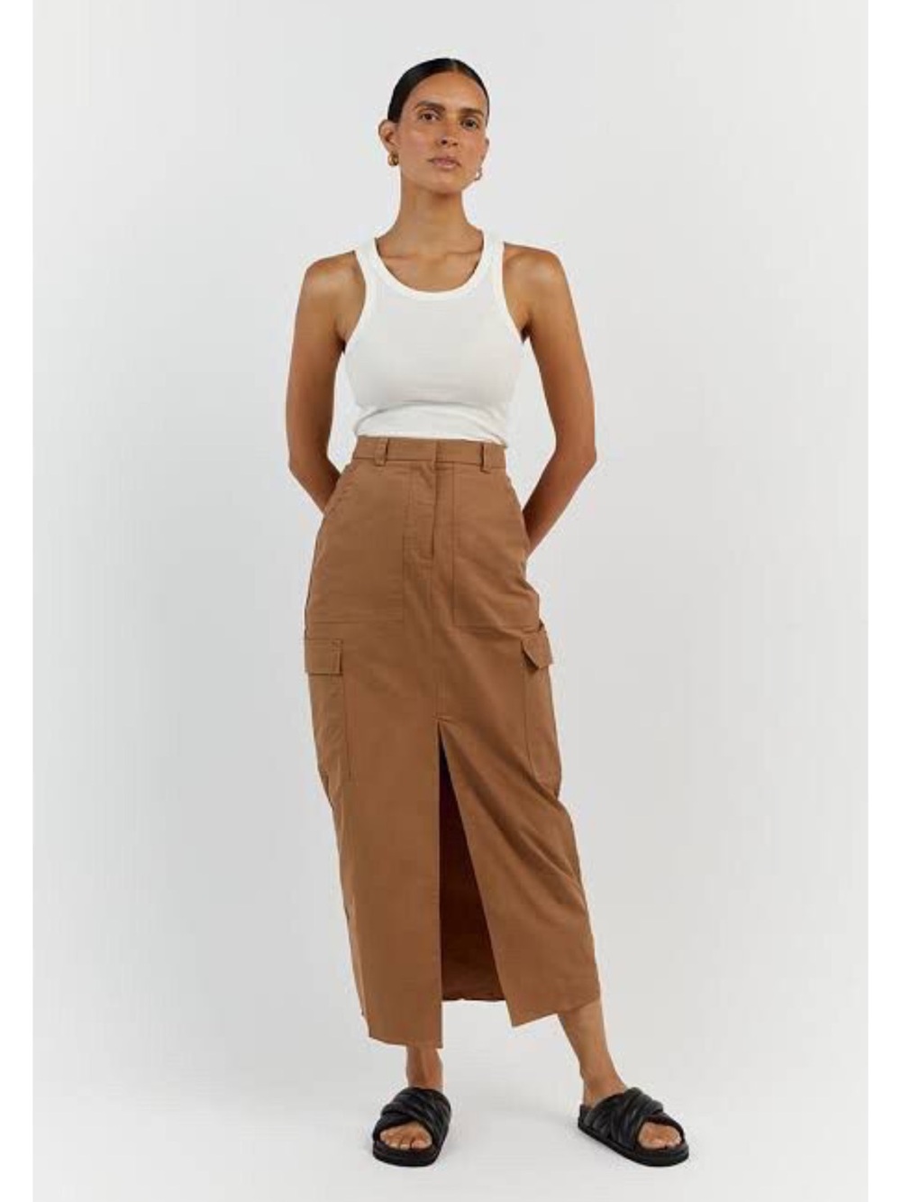 DISSH Ruby Tan Cargo MIDI Skirt Size 6